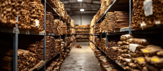 A long, narrow aisle in a warehouse is lined with shelves stacked high with rows of wooden planks.