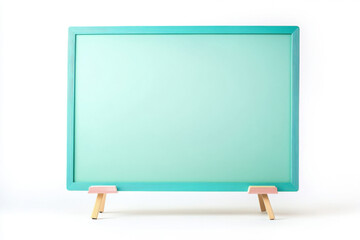 A brightly colored, turquoise chalkboard with wooden legs stands against a white background, offering a cheerful and creative space for ideas and learning.