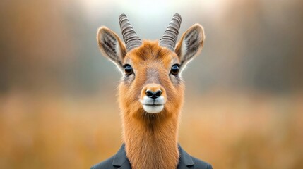 The portrait depicts a chamois standing proudly in a tailored business suit, exuding confidence and professionalism with its sleek appearance and smart attire.