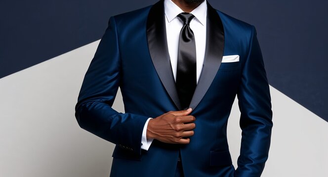 Mens dark blue tuxedo tailored fit with satin lapels black silk tie navy background 