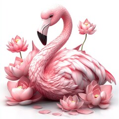 Naklejka premium Elegant pink flamingo among lotus flowers in a serene nature setting high-quality digital art