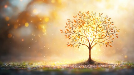 The illustration shows a radiant, shimmering Tree of Life standing tall against a backdrop of a glowing, golden light