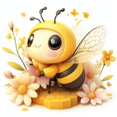 Naklejka premium Energetic cartoon bee gathering pollen colorful floral garden digital illustration whimsical style