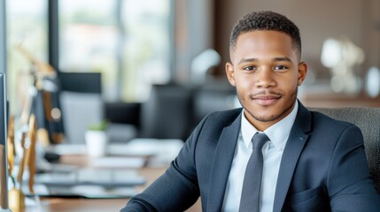 Fototapeta premium The African American businessman sat confidently in his sleek office, surrounded by modern technology and elegant decor