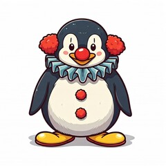 Fototapeta premium A chibi penguin dressed as a circus clown, with funny shoes and a big red nose, thick lines, white background. 
