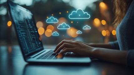 Fototapeta premium A person typing on a laptop, with floating digital cloud icons representing cloud storage