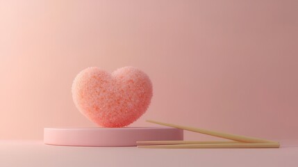Pink heart-shaped rice on a pink pedestal with chopsticks.