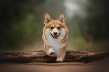 Funny Welsh Corgi Pembroke dog jumping over a fallen tree in the forest