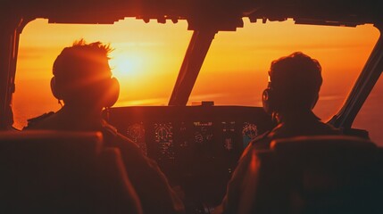 Pilots in silhouette steer a plane towards a fiery sunset, casting shadows on the sky's vibrant tapestry, capturing adventure and limitless horizons.