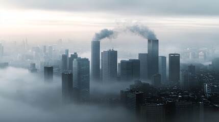 A sprawling city skyline rises through thick fog, where skyscrapers pierce the mist, creating a haunting yet majestic urban panorama.