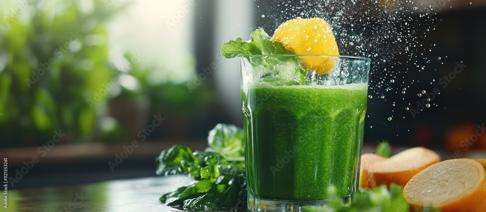 Poster a glass of green smoothie with a slice of lemon falling into it, creating a splash of water.