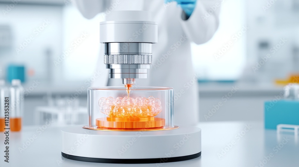 Poster laboratory setup with a microscope analyzing a sample.
