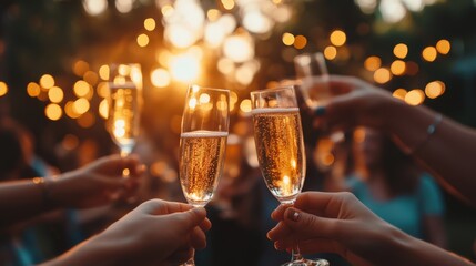 Champagne glasses clink under a canopy of soft glowing lights, celebrating joy, togetherness, and the magic of the moment.