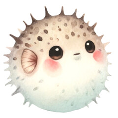 Cute Watercolor Puffer Fish with Spotted Pattern.