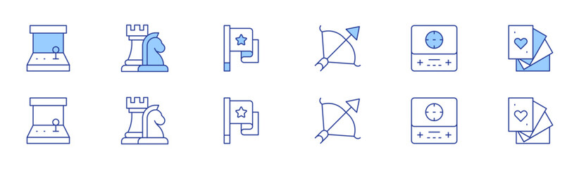 Gaming icon set in two styles, Duotone and Thin Line style. Editable stroke. arcade machine, bow and arrow, chess, flag, game console, playing cards