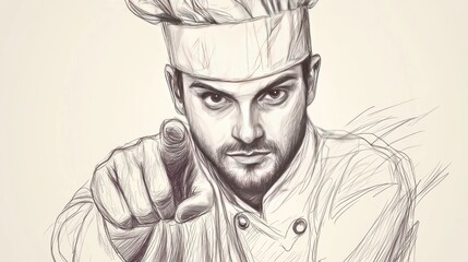 A determined male chef, wearing a toque, points directly at the viewer.  Intense gaze, sketched style.
