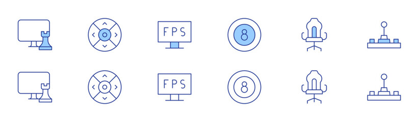 Gaming icon set in two styles, Duotone and Thin Line style. Editable stroke. billiard, chess game, controller, fps, gamer, joysticks