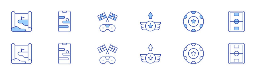 Gaming icon set in two styles, Duotone and Thin Line style. Editable stroke. game map, level up, online game, poker chip, racing, stadium