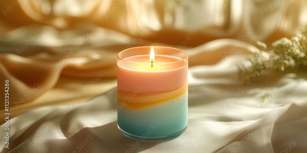 Poster vibrant candle illuminating a serene space with soft natural light creating a calming atmosphere
