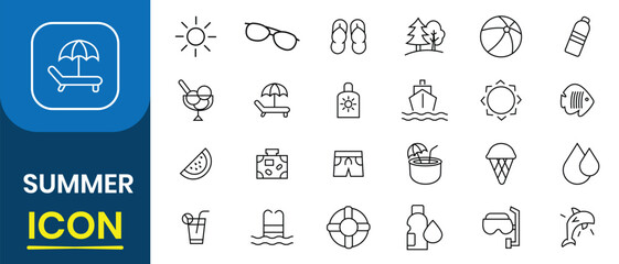 Summer icon set design. Summer, holiday thin line icon, vector collection. Summer vacation,  beach, travel, holiday, tourism icon design. Vector illustration.