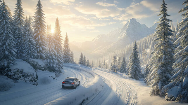 Car driving along a snow-covered mountain road in winter sunlight
