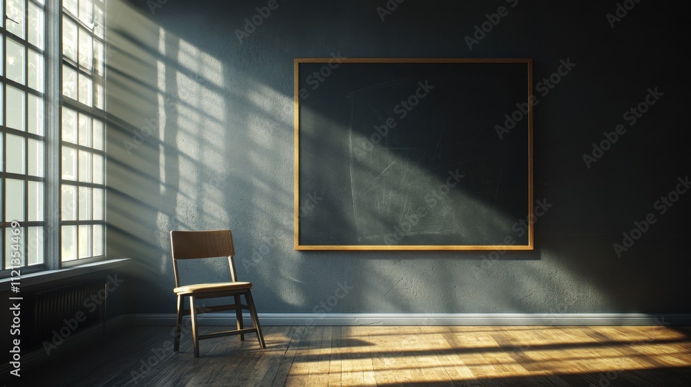 Poster a simple, moody office setting with an empty chair, a large chalkboard, and soft window light castin
