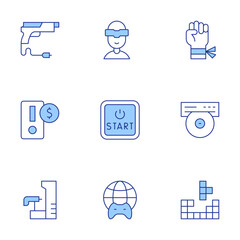 Gaming icons set. Line Duotone style, editable stroke. coin, construction, fighting game, gaming, gun, start button, virtual reality, worldwide