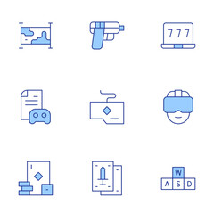 Gaming icons set. Line Duotone style, editable stroke. gambling, gaming guide, keyboard, map, playing cards, shooting, vr glasses, wasd, win