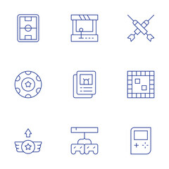 Gaming icons set. Thin Line style, editable stroke. arcade, board game, cards, console, darts, game console, level up, poker chip, stadium