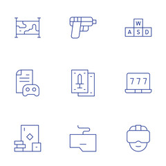 Gaming icons set. Thin Line style, editable stroke. gambling, gaming guide, keyboard, map, playing cards, shooting, vr glasses, wasd, win