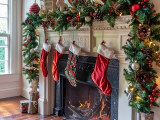Christmas garland with miniature stockings and ornaments, draped over a fireplace mantel