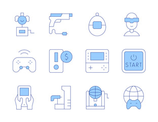 Gaming icons. Line Duotone style, editable stroke. bingo, coin, controller, game console, gun, start button, surprise box, tamagotchi, video game, virtual reality, worldwide