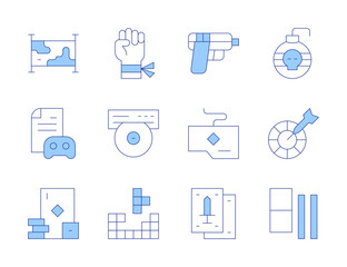 Gaming icons. Line Duotone style, editable stroke. bomb, construction, darts, domino, fighting game, gambling, gaming, gaming guide, keyboard, map, playing cards, shooting
