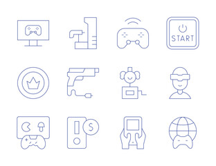 Gaming icons. Thin Line style, editable stroke. casino chip, coin, controller, game console, gun, start button, surprise box, video game, virtual reality, worldwide