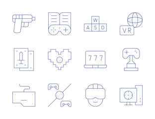 Gaming icons. Thin Line style, editable stroke. computer, gamepad, heart, keyboard, playing cards, round one, shooting, trophy, virtual, vr glasses, wasd, win