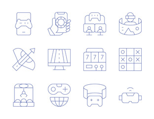 Gaming icons. Thin Line style, editable stroke. claw machine, crossbow, game, game controller, gaming, online gambling, racing game, slot machine