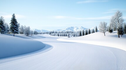 Serene winter landscape with snow-covered hills and trees.