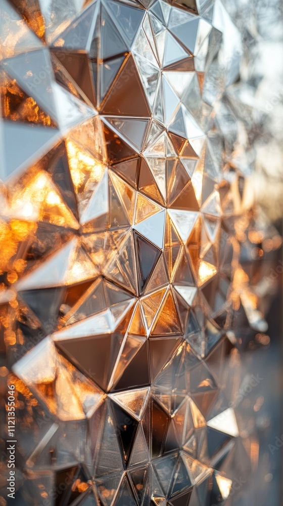 Poster close-up view of shimmering geometric shapes reflecting warm rose gold and copper tones as the twili