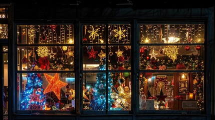 Obraz premium Christmas lights reflected in a shop window, showcasing festive holiday displays