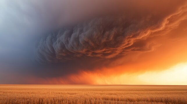 Supercell storm forming over wheat field at sunset: dramatic weather phenomenon