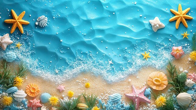 A playful Hello August text on a blue background with fun cartoon-style summer icons like suns and beach views