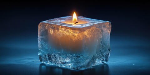 Transformative illumination from a burning candle encased in a stunning ice cube at twilight