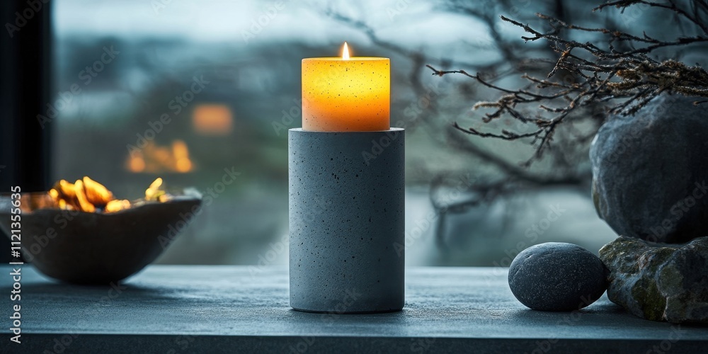 Aufkleber warm candlelight glows softly on a serene tabletop setting with stones and natural elements by a win