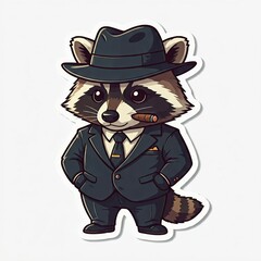 A chibi raccoon in a sleek black mafia suit, holding a cigar, with bold lines and a white background, sticker style.
