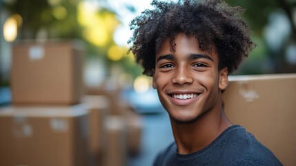 Fototapeta premium Smiling person with curly hair outdoors, surrounded by cardboard boxes on a sunny day.