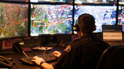 A dispatcher monitors multiple digital maps on large screens, wearing a headset, in a control room, highlighting coordination and emergency management.