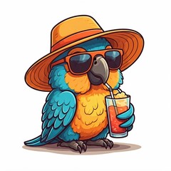 A chibi parrot with a beach hat, sipping a drink and wearing sunglasses, outlined in thick lines