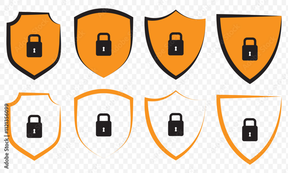 Poster set of security shield icons, security shields logotypes with check mark and padlock. security shiel