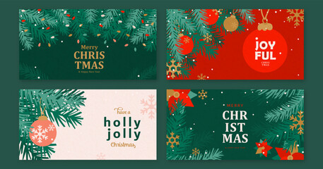 Christmas and New Year greeting banners set vector illustration. Modern xmas horizontal template with typography, christmas tree, ball, snow, light garland. Winter pattern design with textured effect.