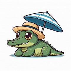 Obraz premium A chibi crocodile in a straw hat, lounging under a beach umbrella, with bold thick outlines and a white background.